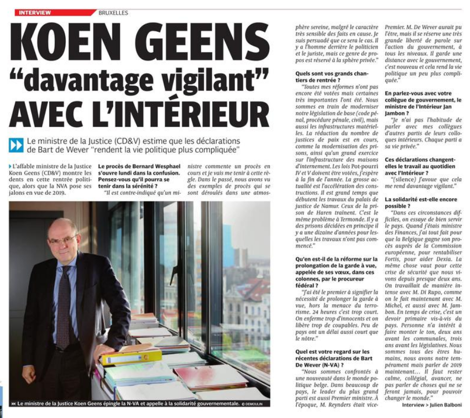 Koen Geens: “davantage vigilant” avec l’Intérieur