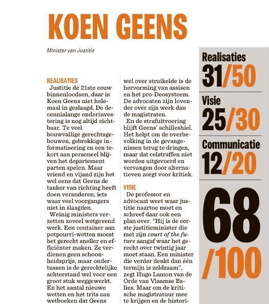 Koen Geens, Minister van Justitie: 68/100