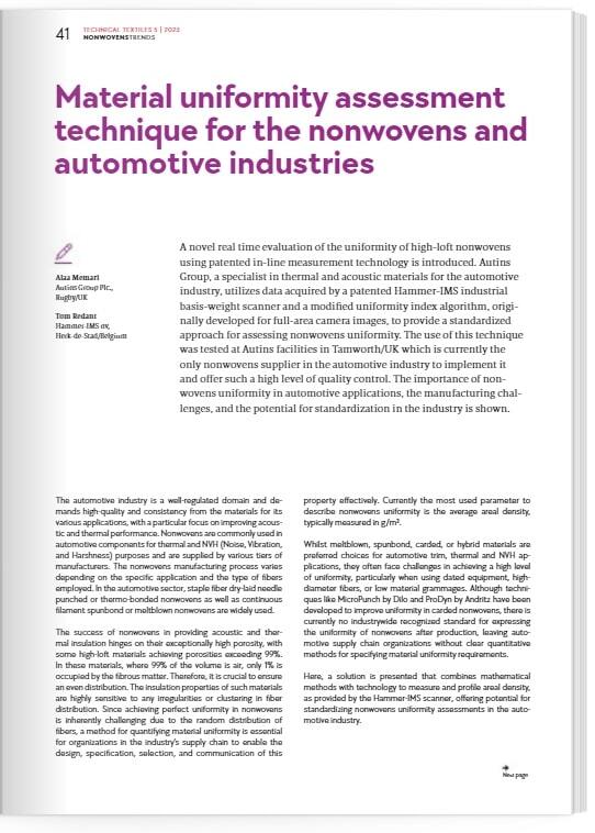 Technical Textiles Publication: Material uniformity assessment technique for the nonwovens and automotive industries