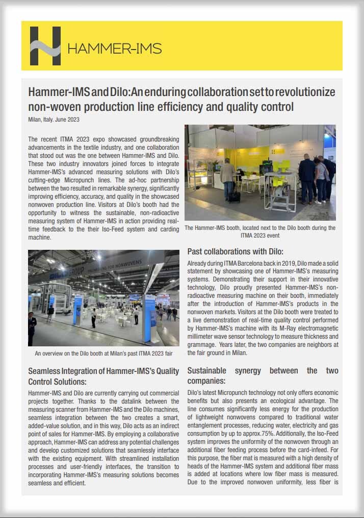 Hammer-IMS and Dilo: Enduring collaboration set to revolutionize non-woven production line efficiency and quality control
