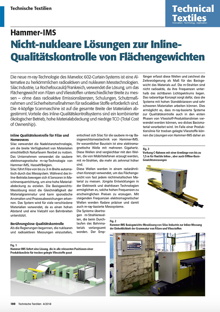 Technical Textiles publikation (Deutsch): Nicht-nukleare Hammer-IMS Lösungen zur Inline-Qualitätskontrolle von Flächengewichten
