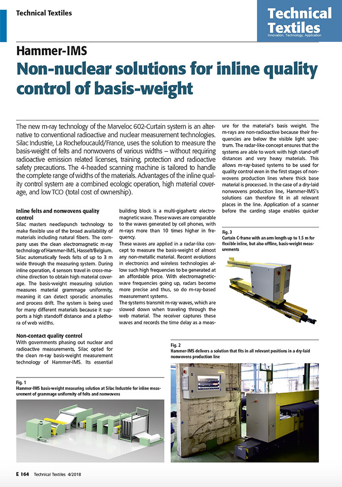 Technical Textiles publication: Non-nuclear Hammer-IMS solutions for inline quality control of basis-weight