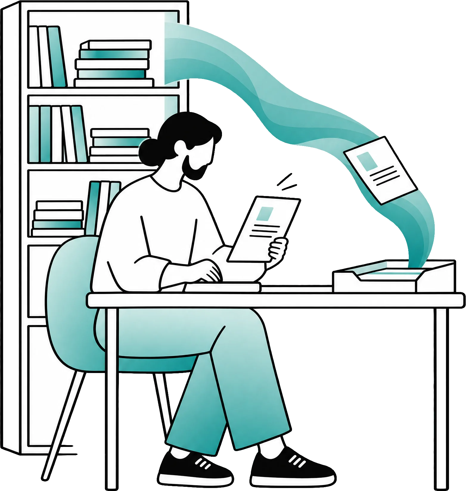 Een onderzoeker leest aan zijn bureau een publicatie die vanzelf uit de boekenkast in zijn bakje is beland.