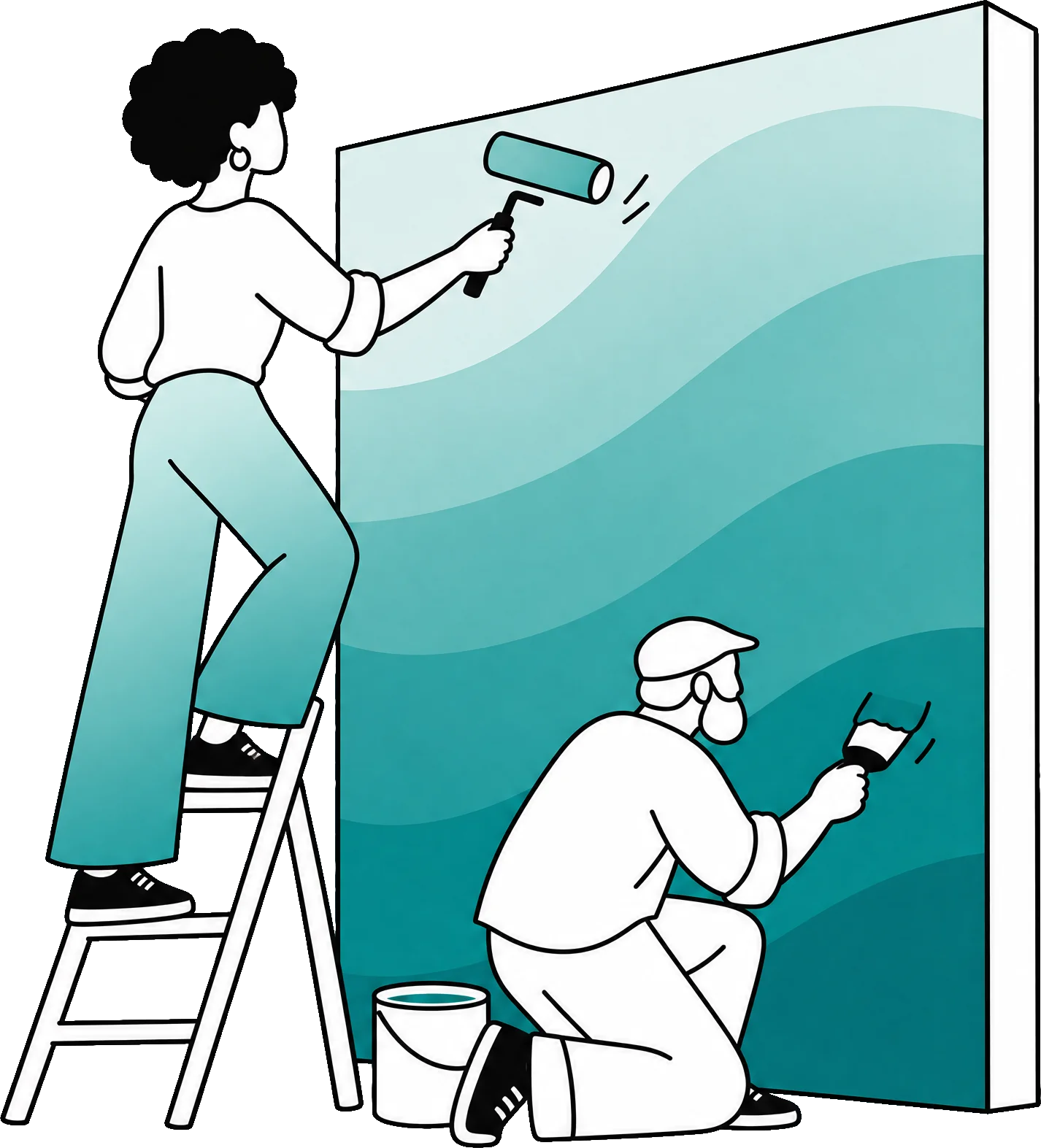 Two volunteers paint a mural together.