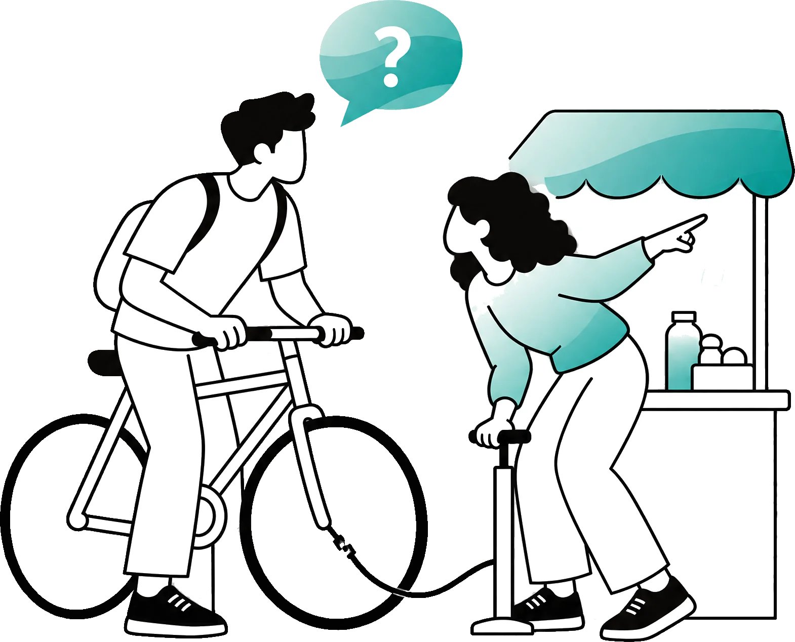 Een fietser met een vraag stopt bij een kraampje, waar een vrouw hem de weg wijst.