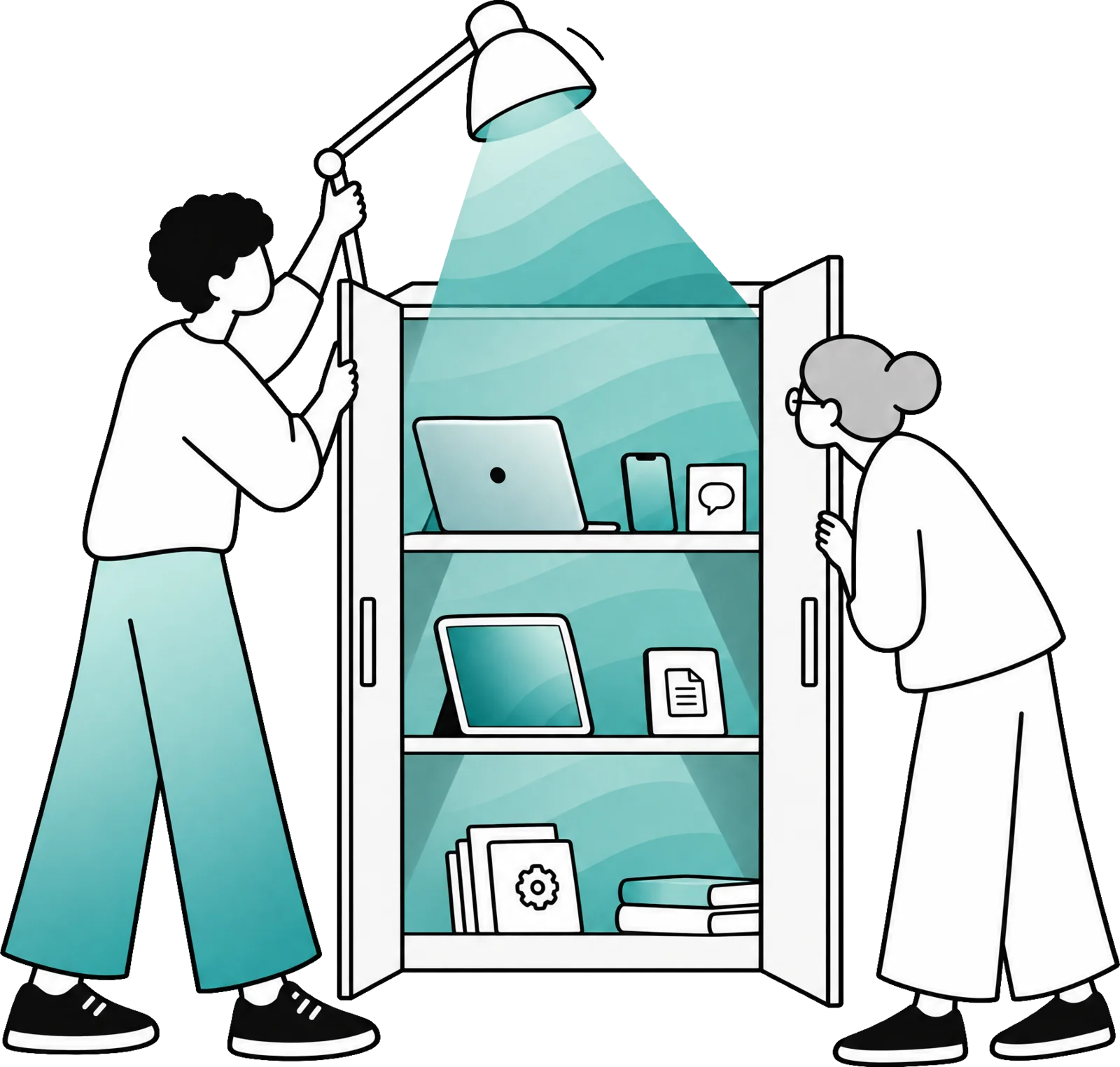 A man opens a cupboard and shines a lamp inside; a colleague looks along at the folders and screens.