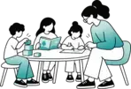 Een leerkracht zit aan tafel met drie kinderen die elk aan iets anders werken.
