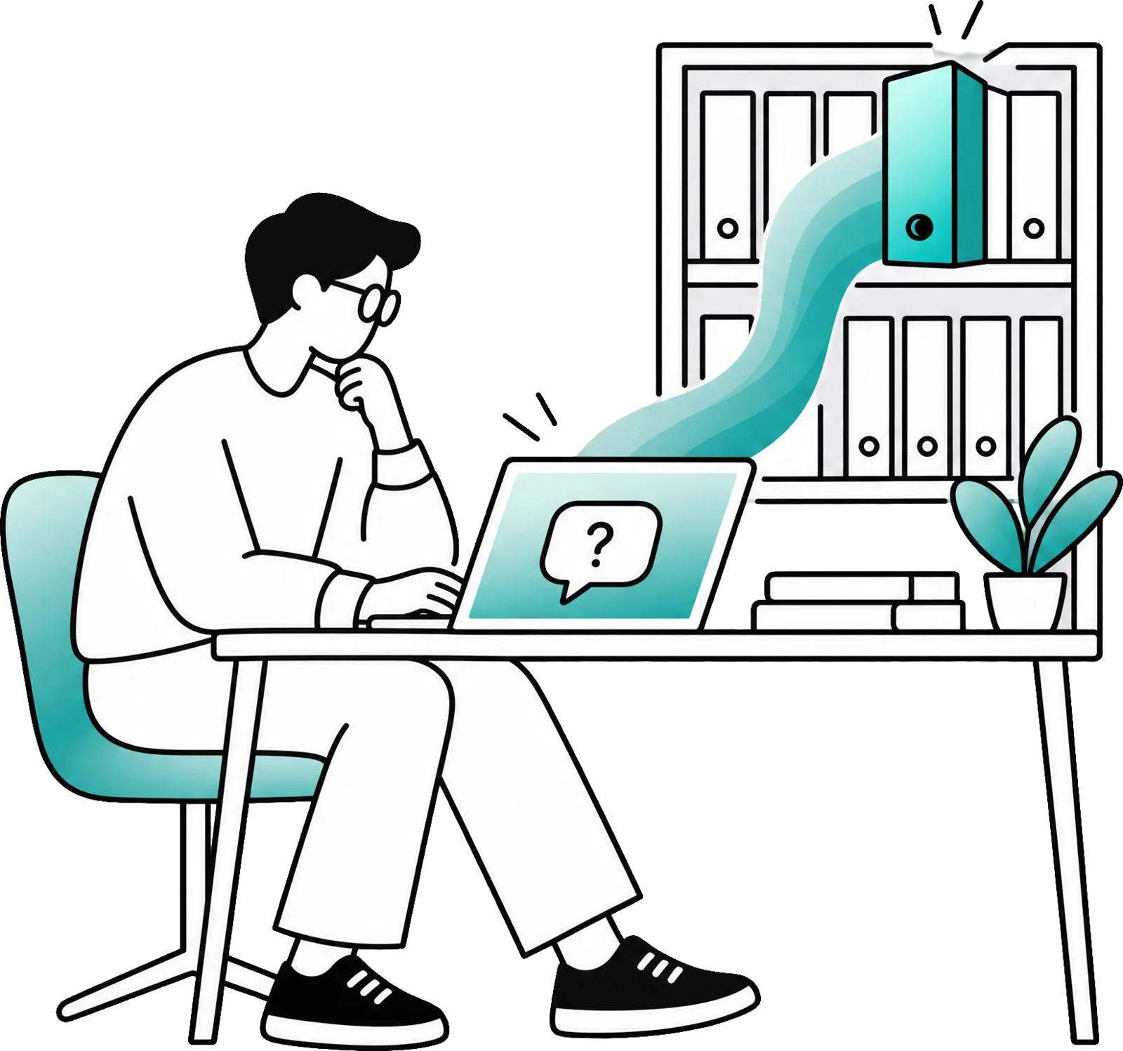 A man asks a question on his laptop; a teal ribbon points to the folder in the cabinet where the answer is.