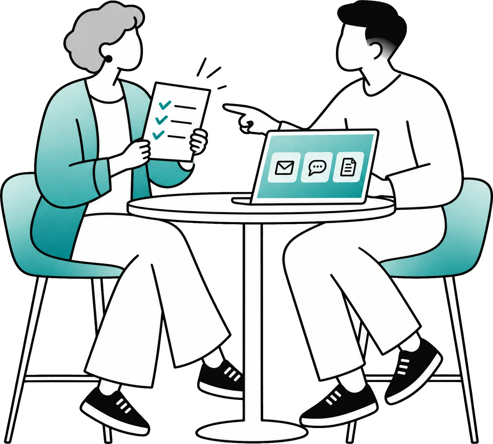 Two colleagues at a table; she holds a list of agreements, he points at it next to his laptop.