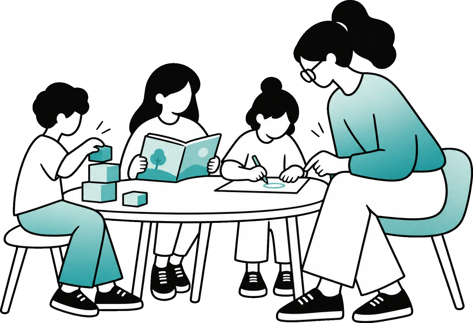 A teacher sits at a table with three children, each working on something different.
