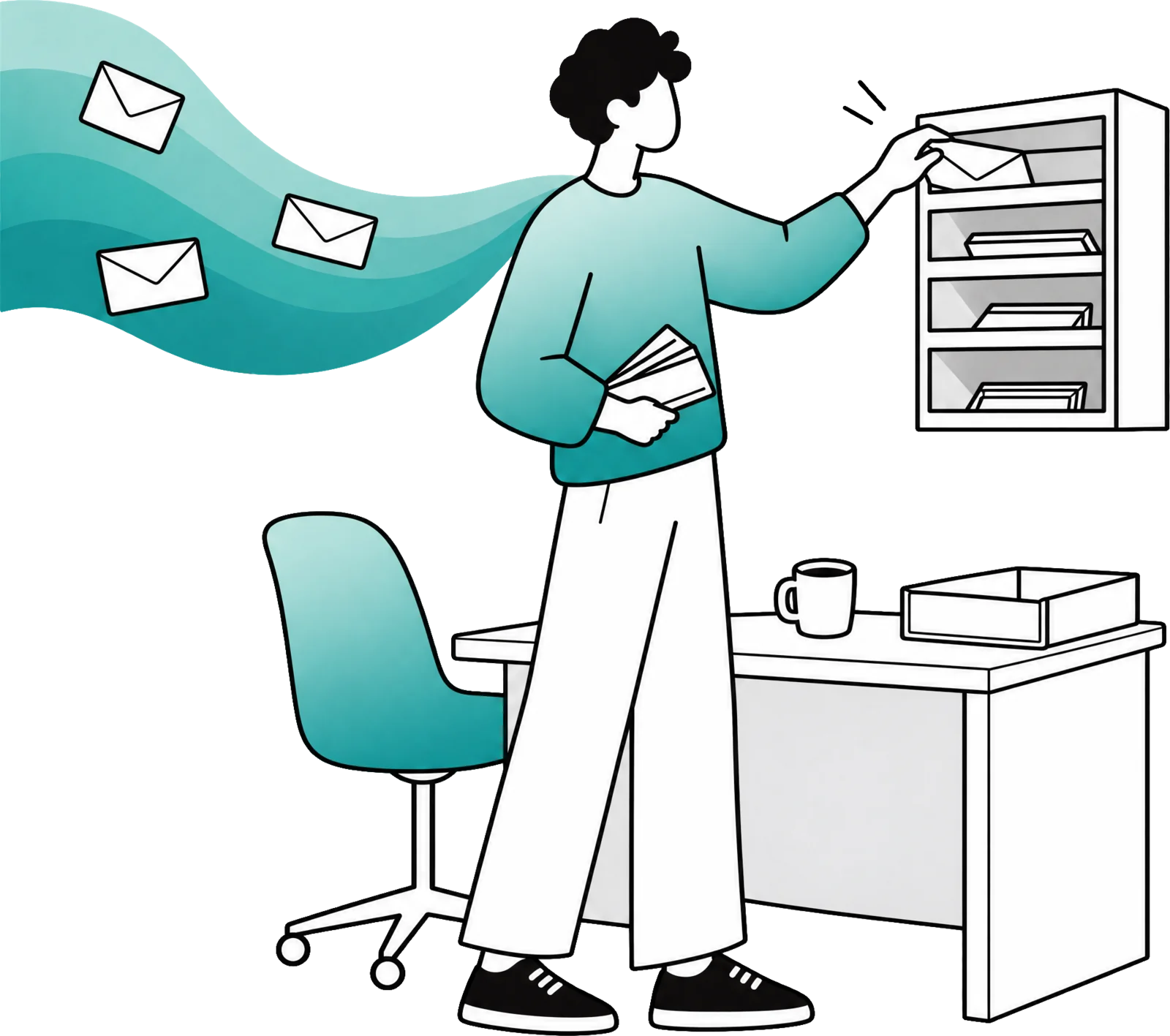 Een man sorteert ’s ochtends mails in een rek met vakjes; de mails stromen binnen over een blauwgroen lint.