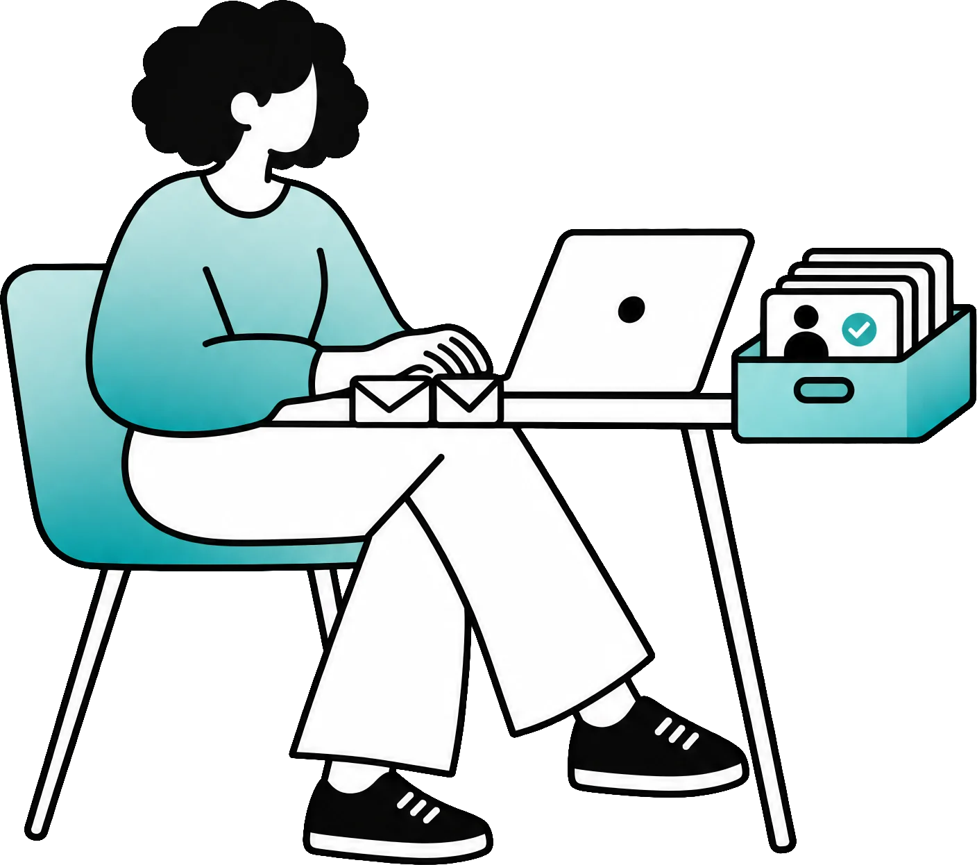 A woman works on her laptop; next to her are emails and a box of contact cards.