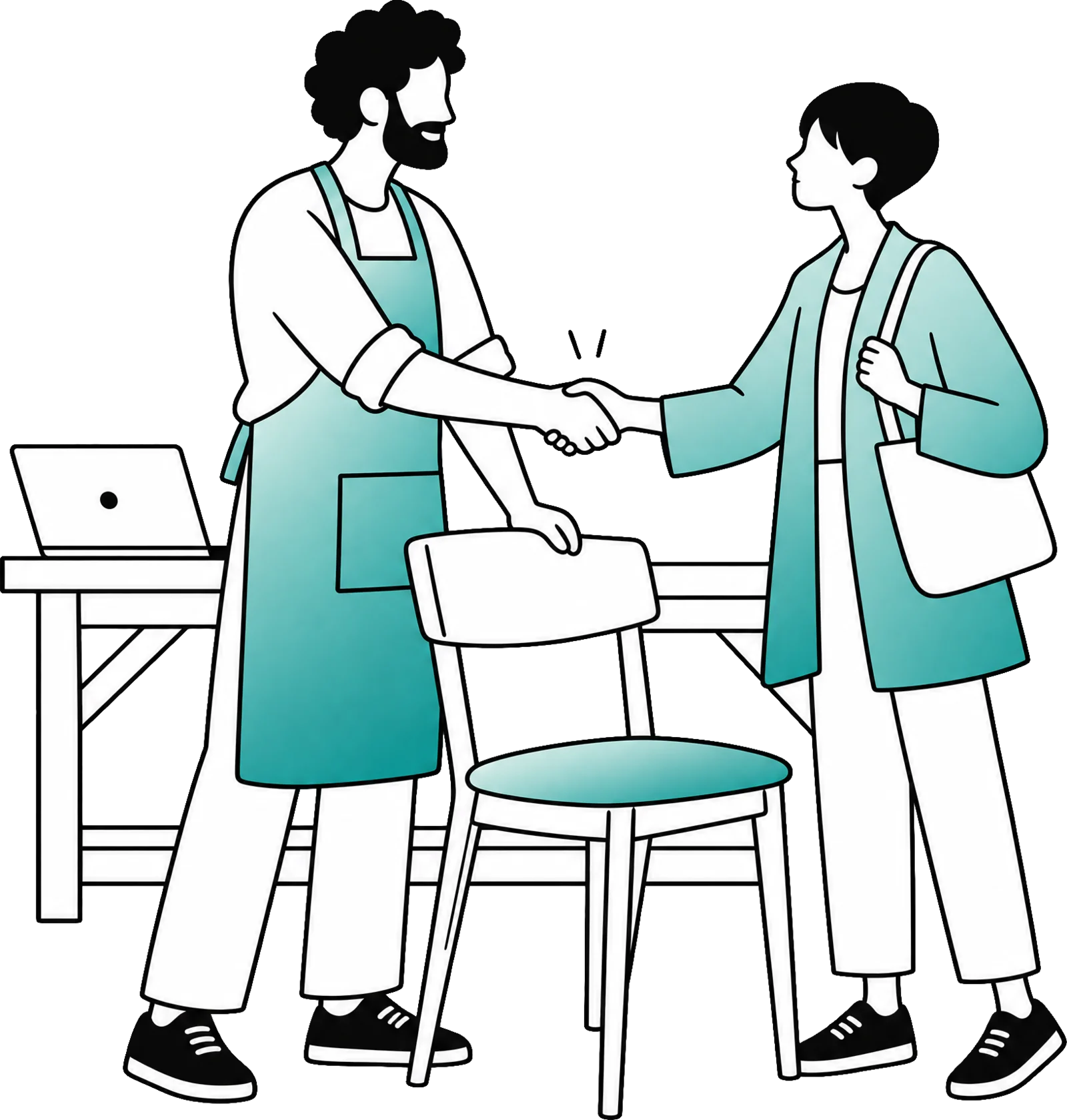 A furniture maker in a work apron shakes hands with a customer next to a chair he has just finished.
