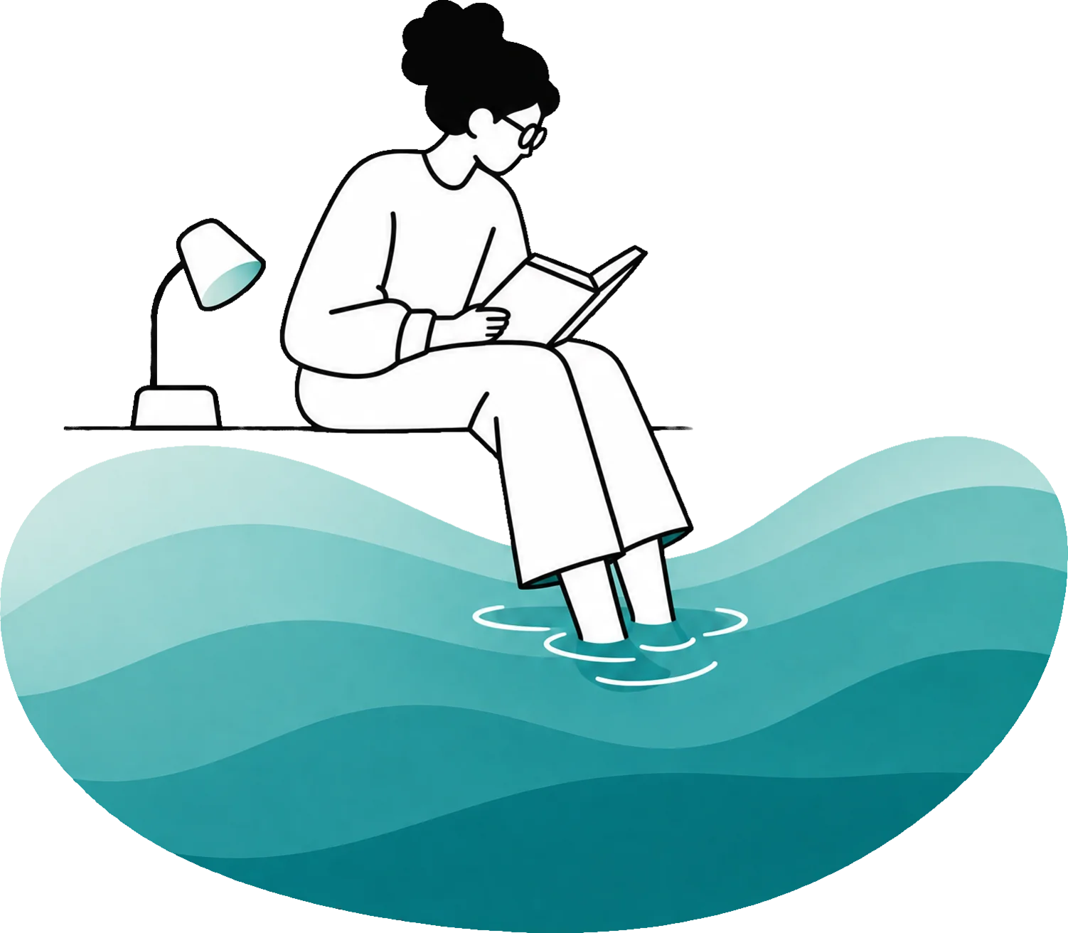 A researcher reads at the edge of a pond, her feet in the water.