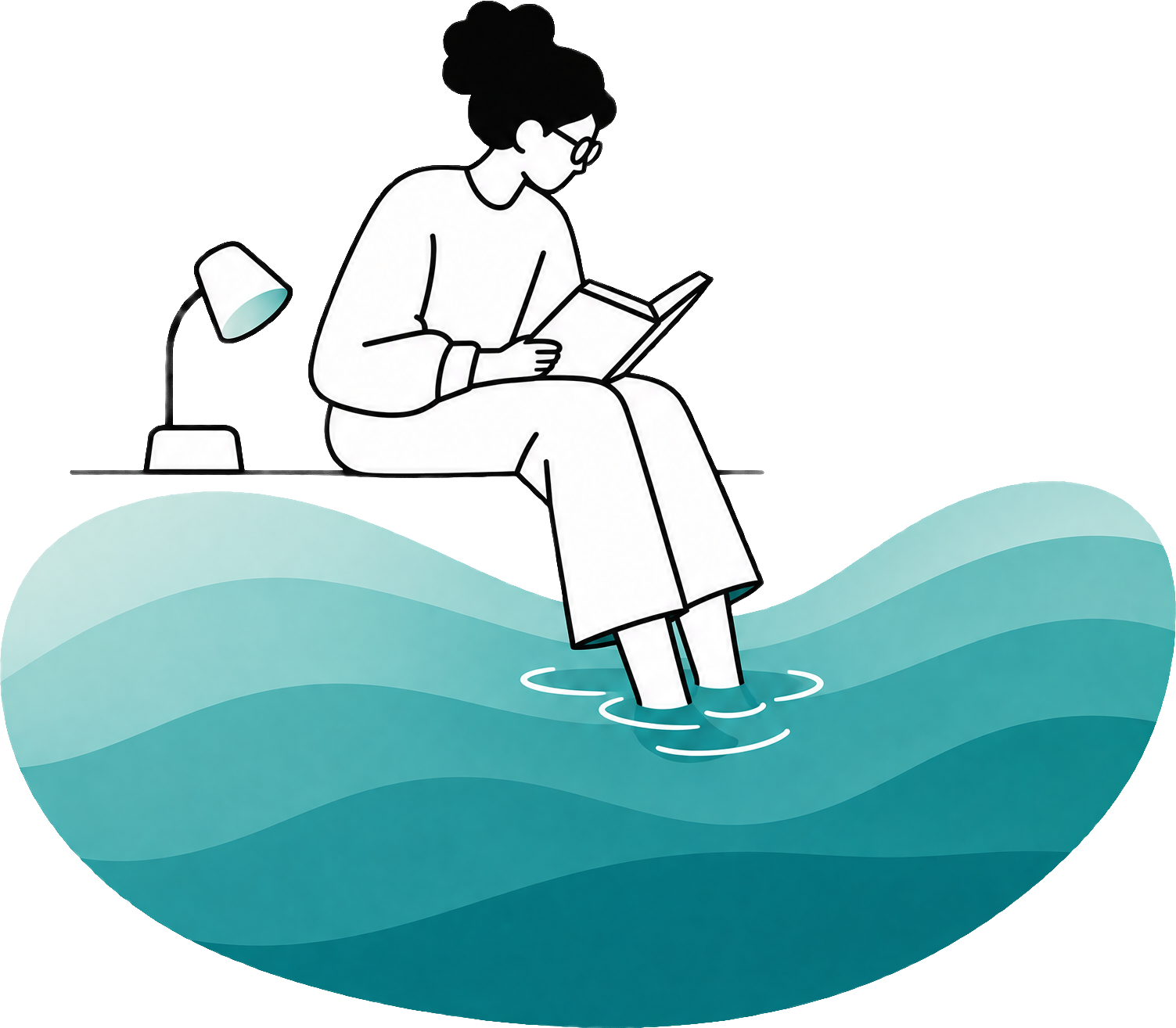 A researcher reads at the edge of a pond, her feet in the water.