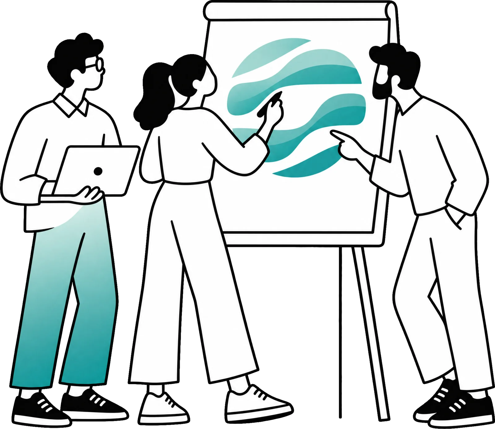 Drie collega’s staan rond een flipchart; een van hen tekent golvende blauwgroene lijnen terwijl de anderen meekijken.
