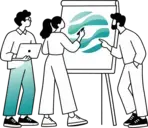Drie collega’s staan rond een flipchart; een van hen tekent golvende blauwgroene lijnen terwijl de anderen meekijken.