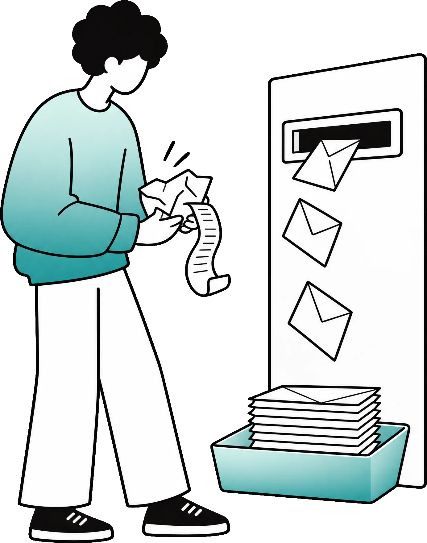Een jongeman vangt een kasticket en een verfrommelde envelop op, terwijl de andere brieven vanzelf netjes in een bak vallen.