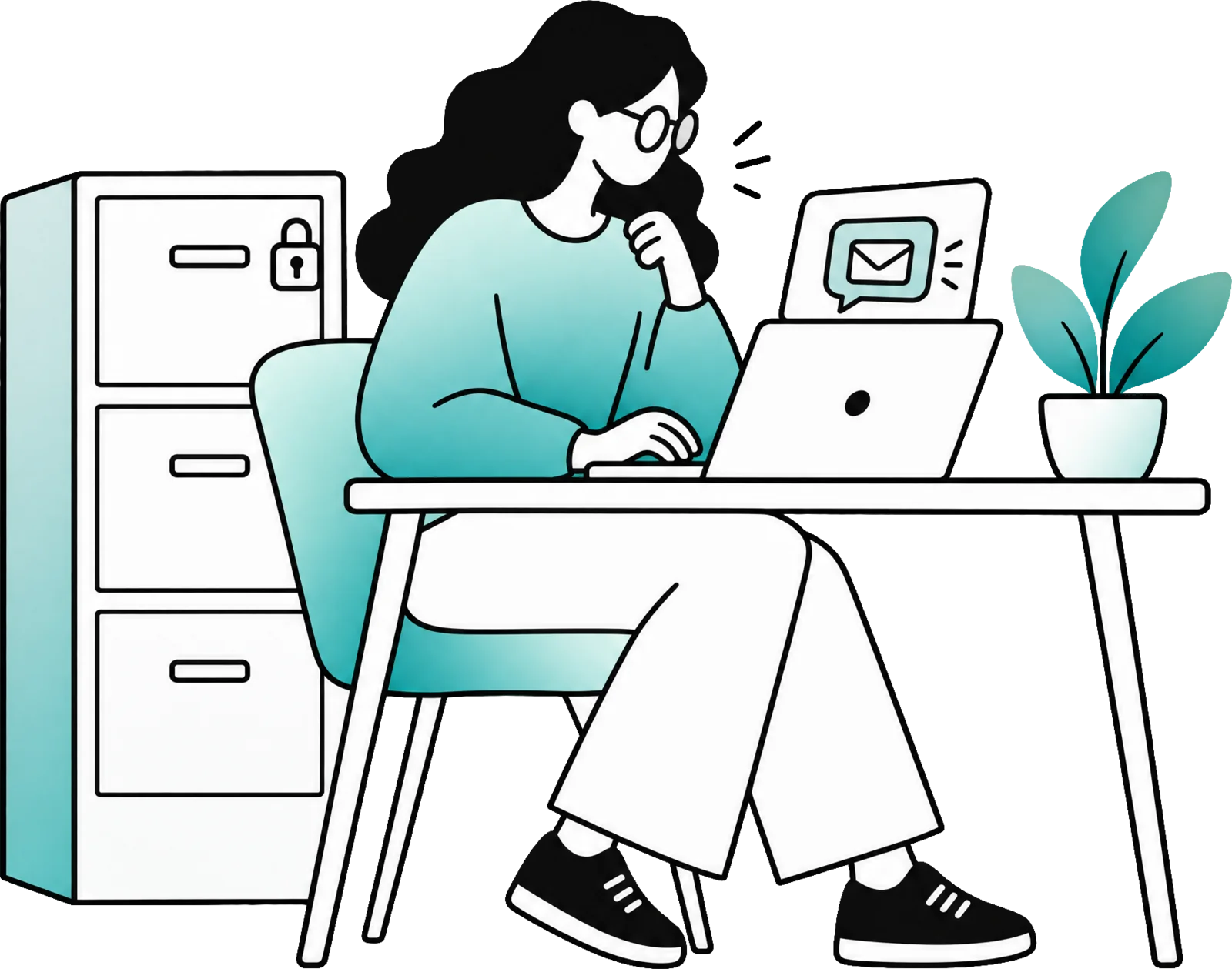 A school office worker answers an email on her laptop; the filing cabinet next to her is locked.