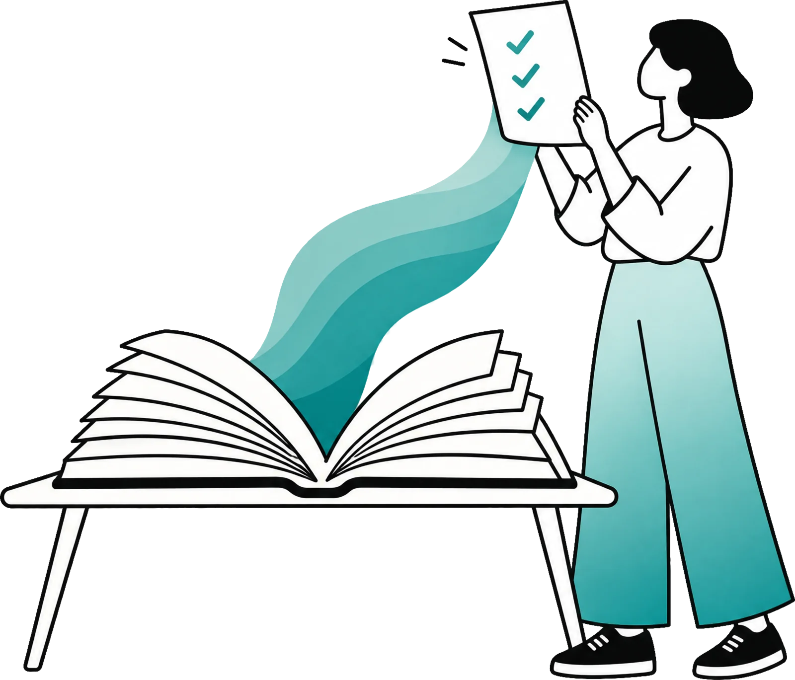Een vrouw bekijkt een afgevinkte checklist naast een open boek op een tafel.