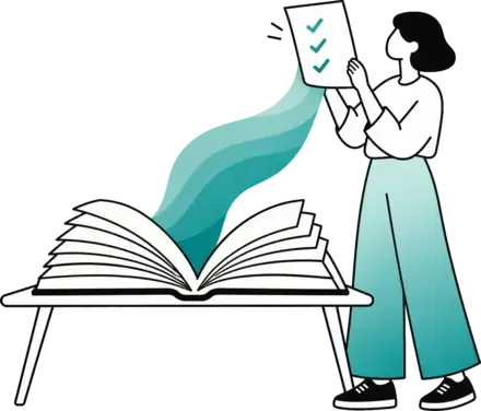 Een vrouw bekijkt een afgevinkte checklist naast een open boek op een tafel.