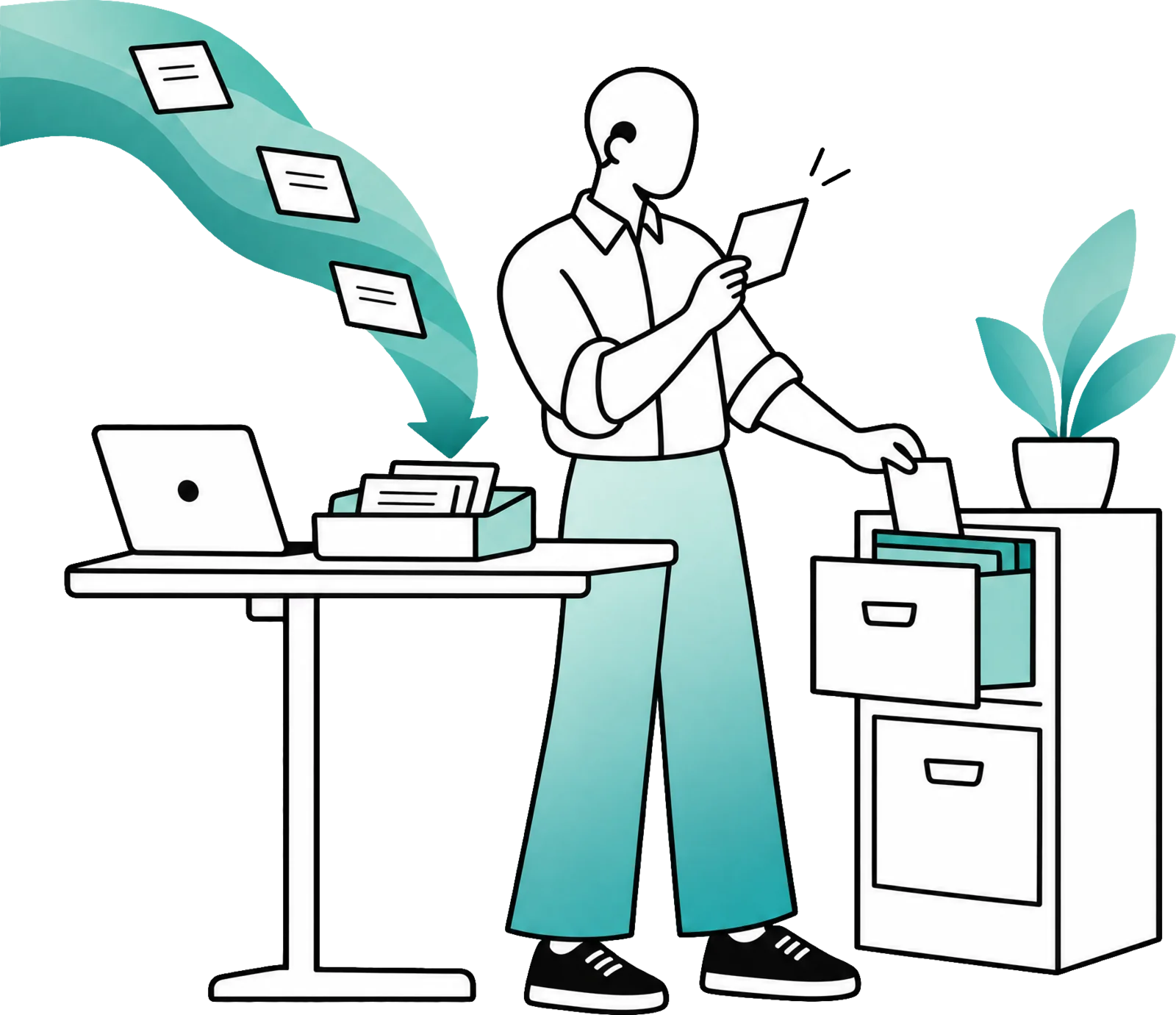 A man at a standing desk checks a prepared document before filing it in the cabinet.
