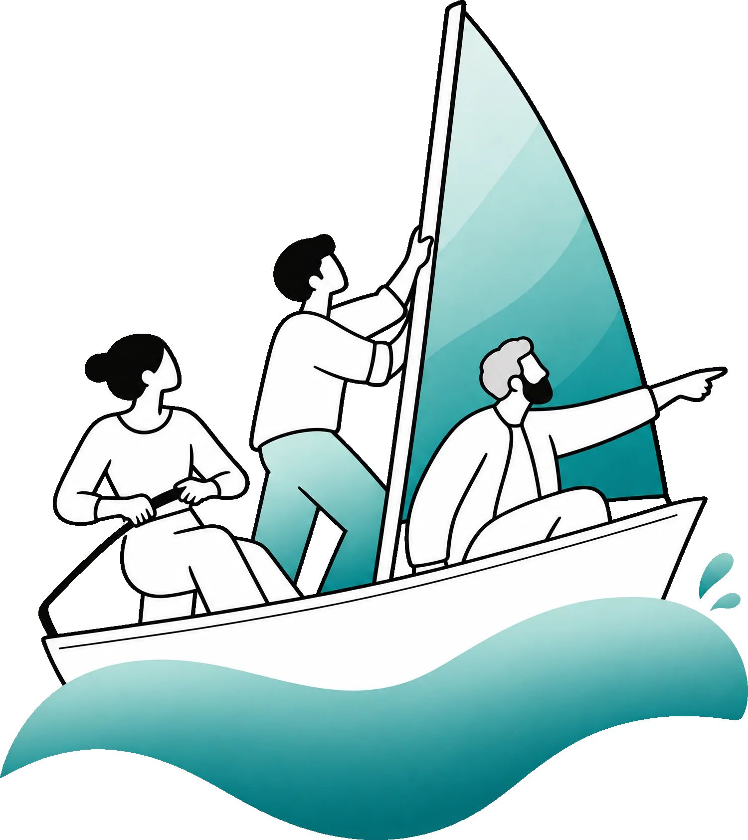 Drie mensen varen samen in een zeilboot; een van hen wijst vooruit.