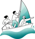 Drie mensen varen samen in een zeilboot; een van hen wijst vooruit.