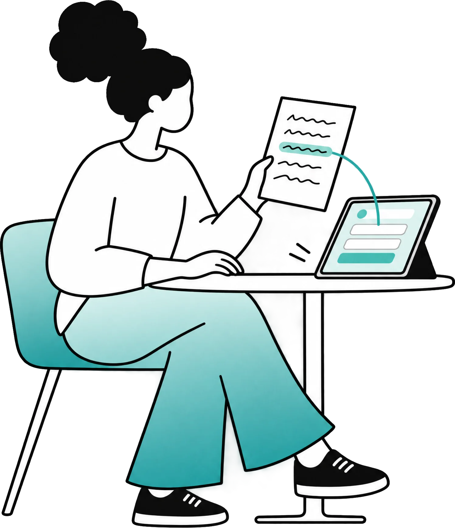 Een vrouw houdt een handgeschreven brief vast; één zin is gemarkeerd en verbonden met een veld op haar tablet.