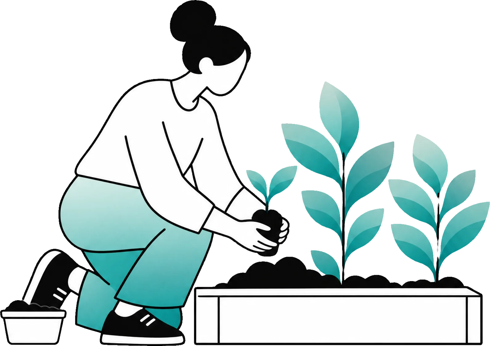 Een vrouw plant een stekje in een plantenbak bij andere jonge planten.