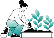 Een vrouw plant een stekje in een plantenbak bij andere jonge planten.
