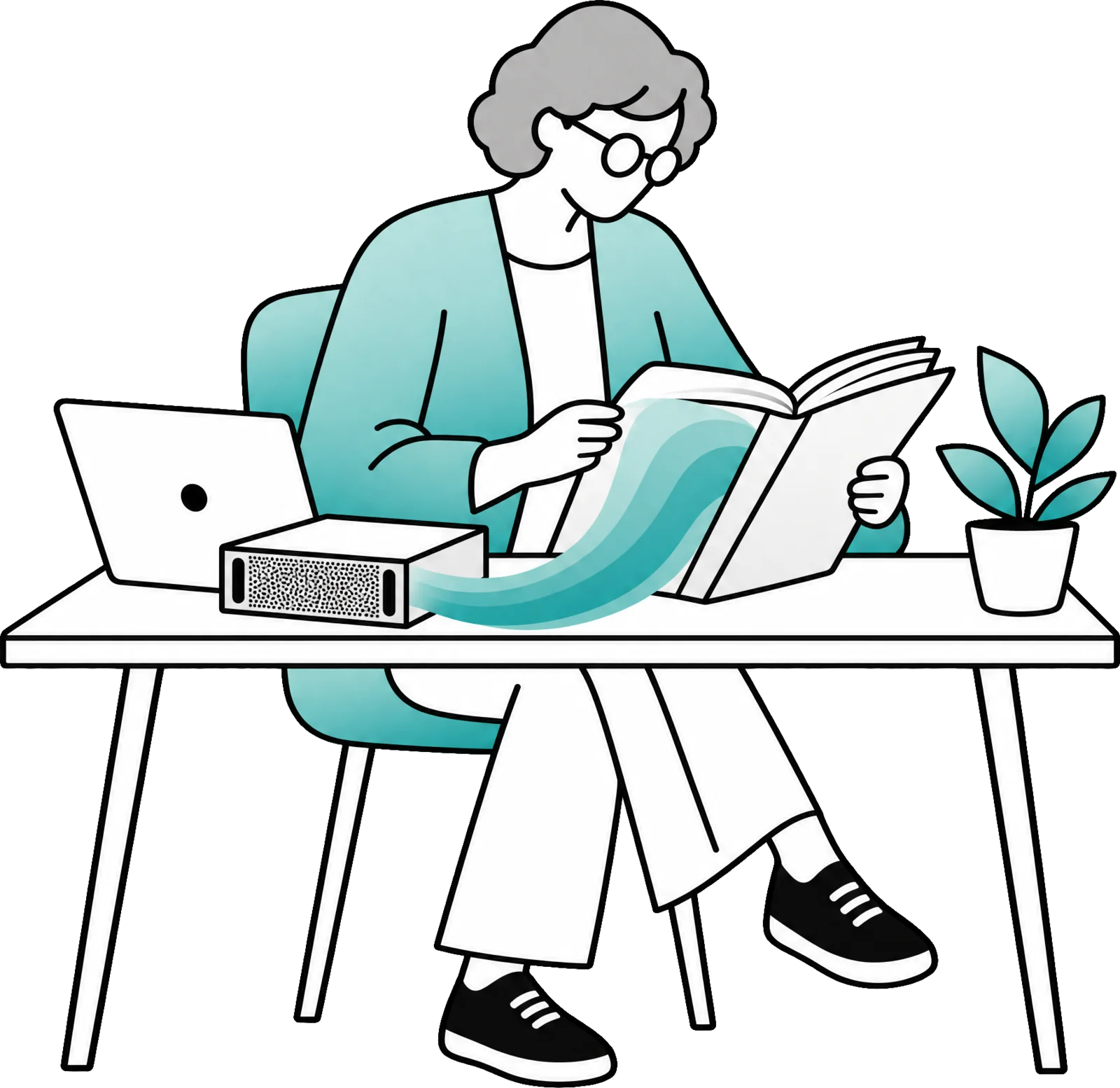 Een vrouw leest een dossier aan haar bureau; een teal lint loopt van een klein toestel naast haar laptop naar de open map.