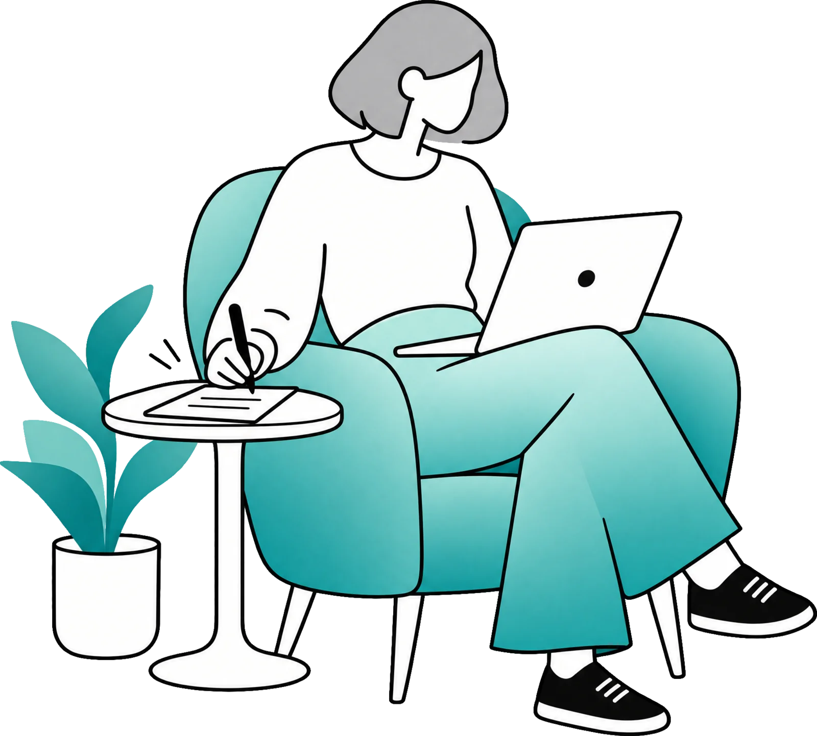 Een vrouw in een zetel bekijkt een klaargezet rapport op haar laptop en schrijft een notitie bij.