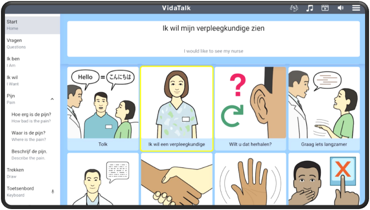 Screenshot van de app VidaTalk, met afbeeldingen en tekst om te communiceren in het ziekenhuis