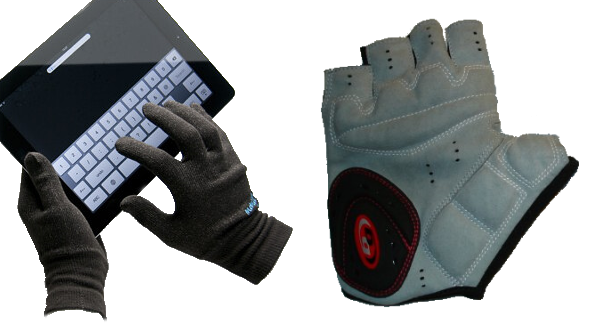 twee foto's: gehandschoende handen typen op iPad en leren handschoen zonder vingertoppen