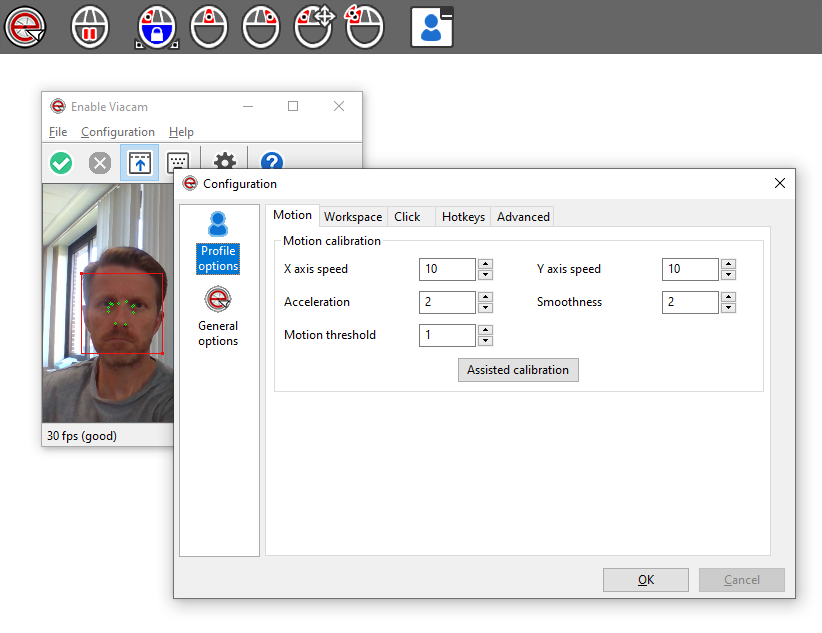 Screenshot van Enable Viacam met balk voor verschillende muisfuncties