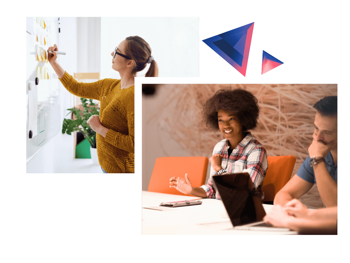 Collage of three photos with people working on a webshop in a professional environment - a person writing on a whiteboard, two people talking and a group of people around a table with a laptop