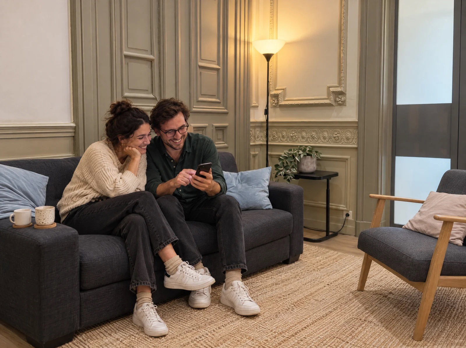 Two people on a sofa looking at an app on a phone together