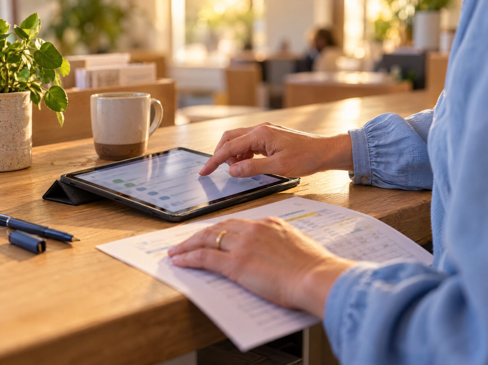 Een medewerker aan een balie tikt op een tablet, met een korte handleiding onder de andere hand
