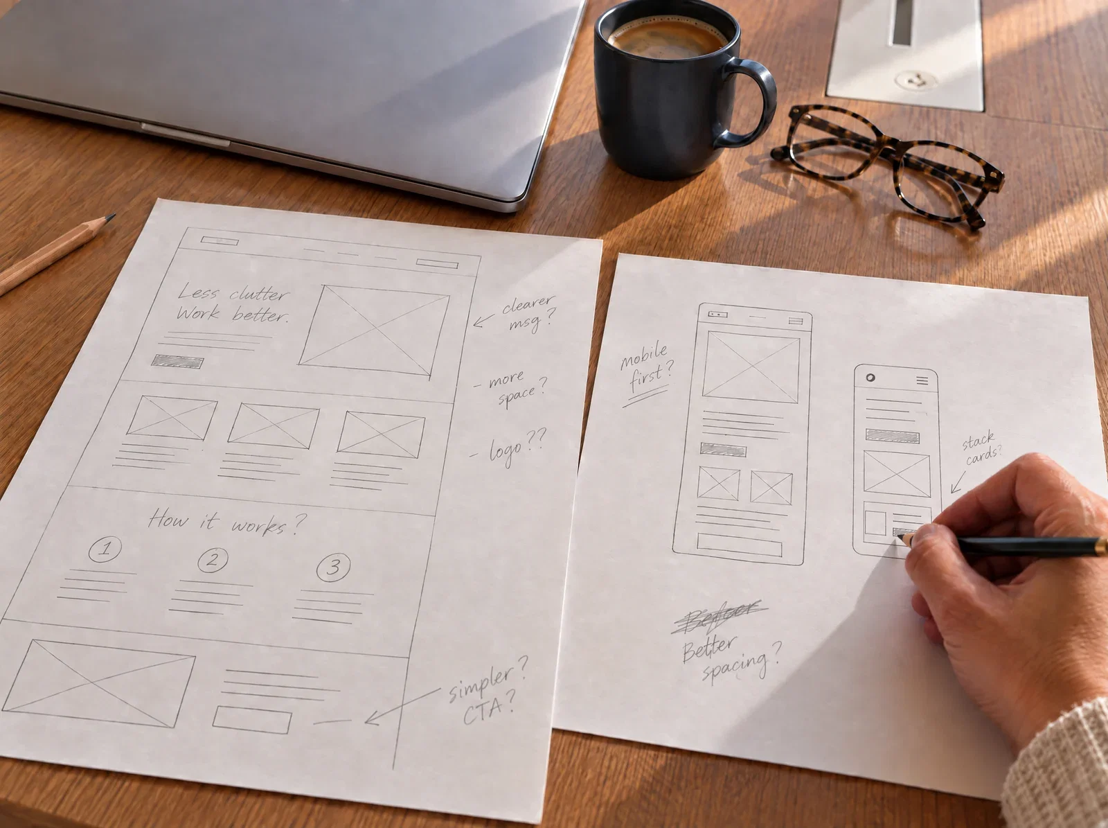 Wireframes en schetsen op een werktafel