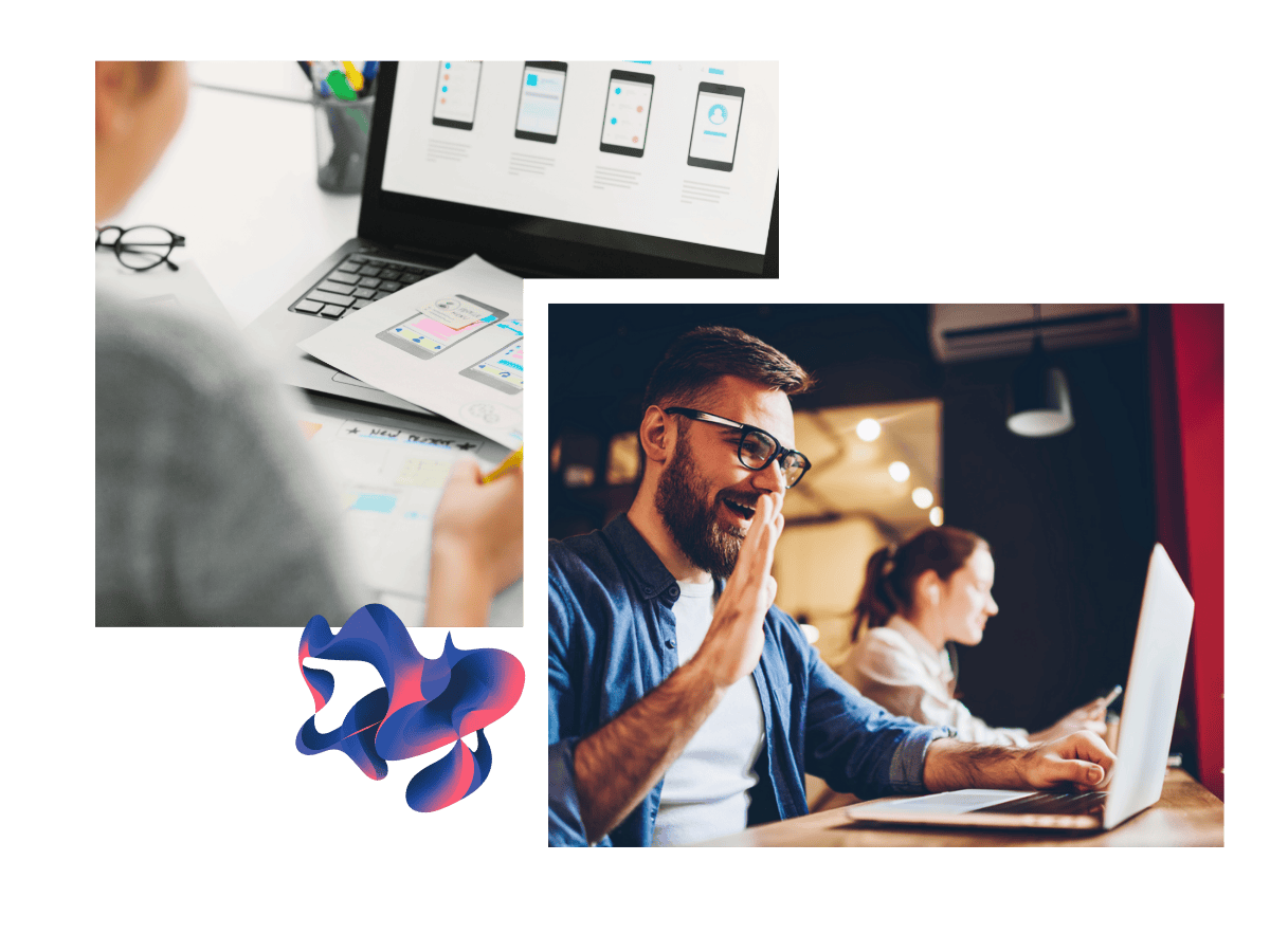 Links een foto van een medewerker bezig aan software ontwikkeling op maar voor mobile. Rechts iemand die een videocall houdt tijdens het ontwikkelingsproces van software op maat.