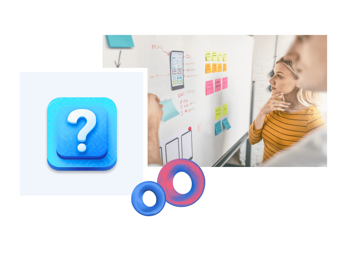 App Icon with large question mark, many small details illustrate the mobile app development process