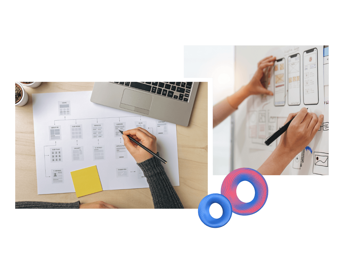 Collage of three photos depicting the web design process: on the left a person sketching a sitemap or wireframe on paper next to a laptop, in the middle a person drawing an interface element on a tablet, and on the right a large red circle symbol symbolising a central design element.