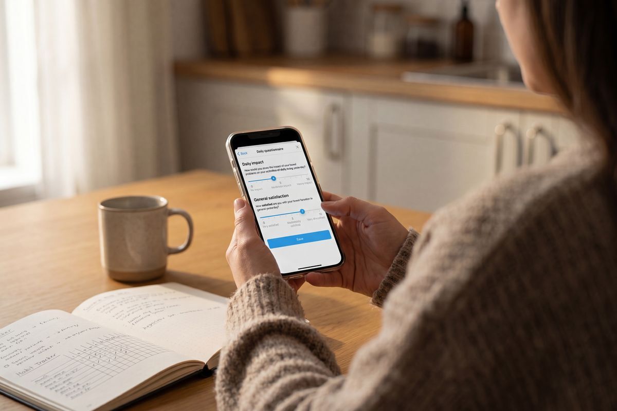Iemand houdt een telefoon vast met de dagelijkse vragenlijst van S.Tool open in de keuken