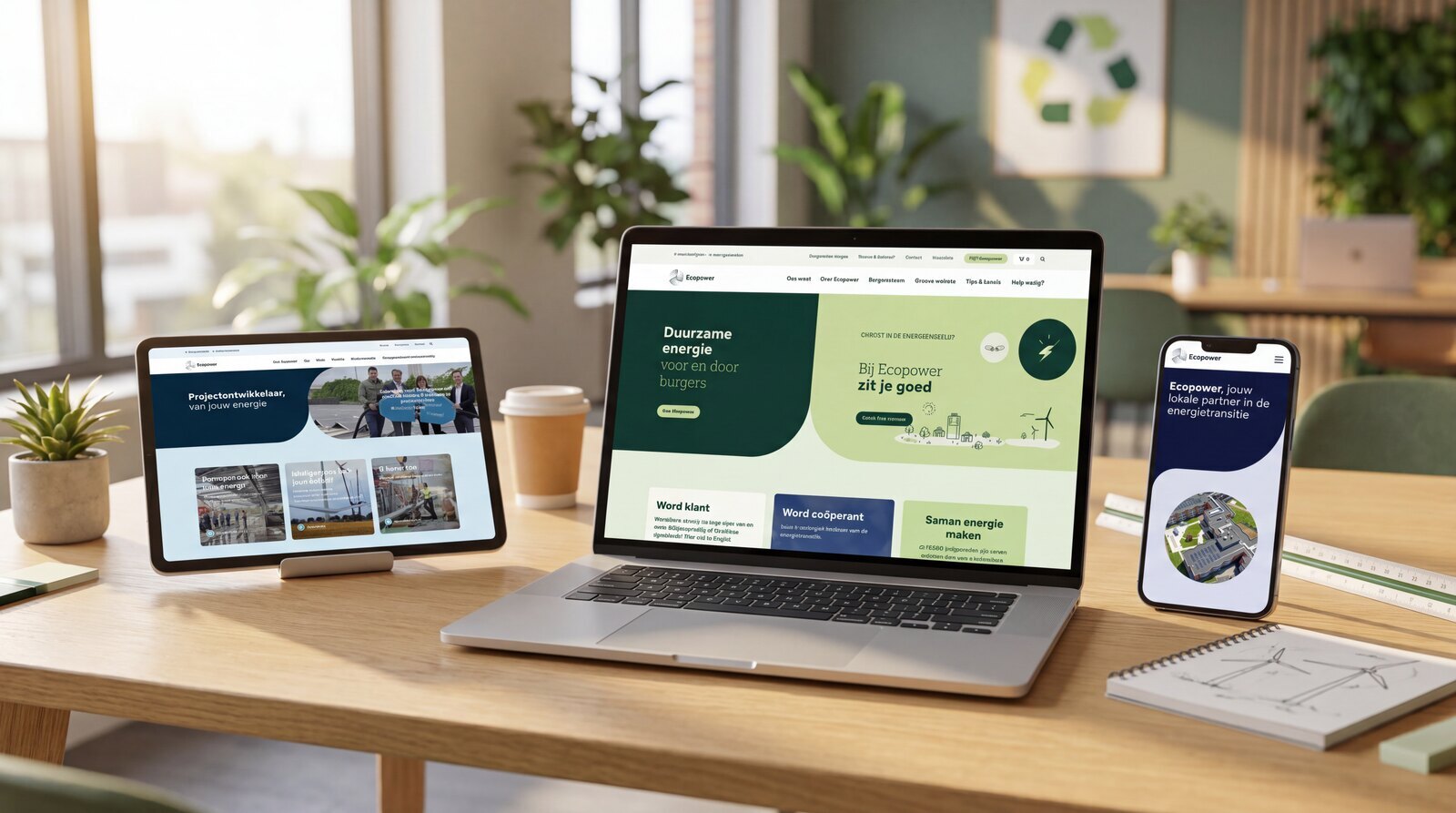 De Ecopower-website op laptop en telefoon