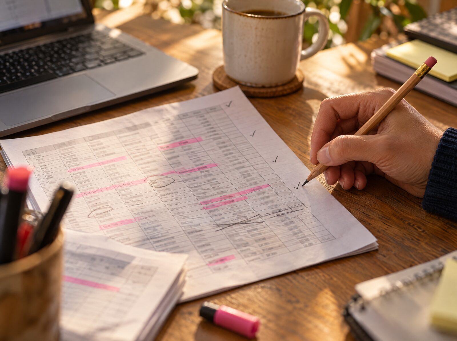 Afgedrukte spreadsheet met dubbele rijen in het roze gemarkeerd en lege cellen omcirkeld
