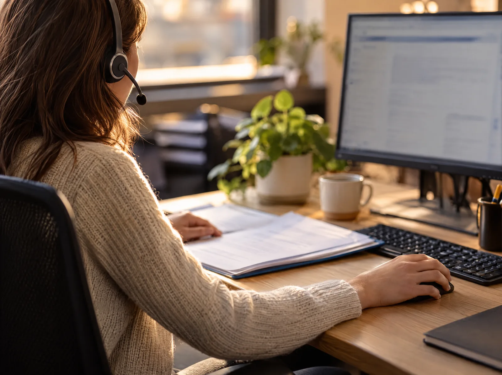 Een medewerker van de klantendienst met headset volgt een dossier op