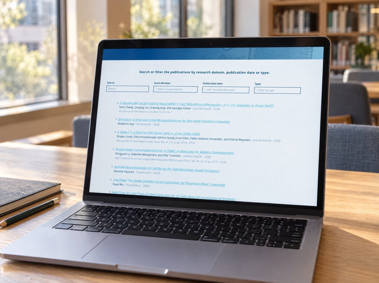 The MICAS publications page with filters for research domain, team member, type and year