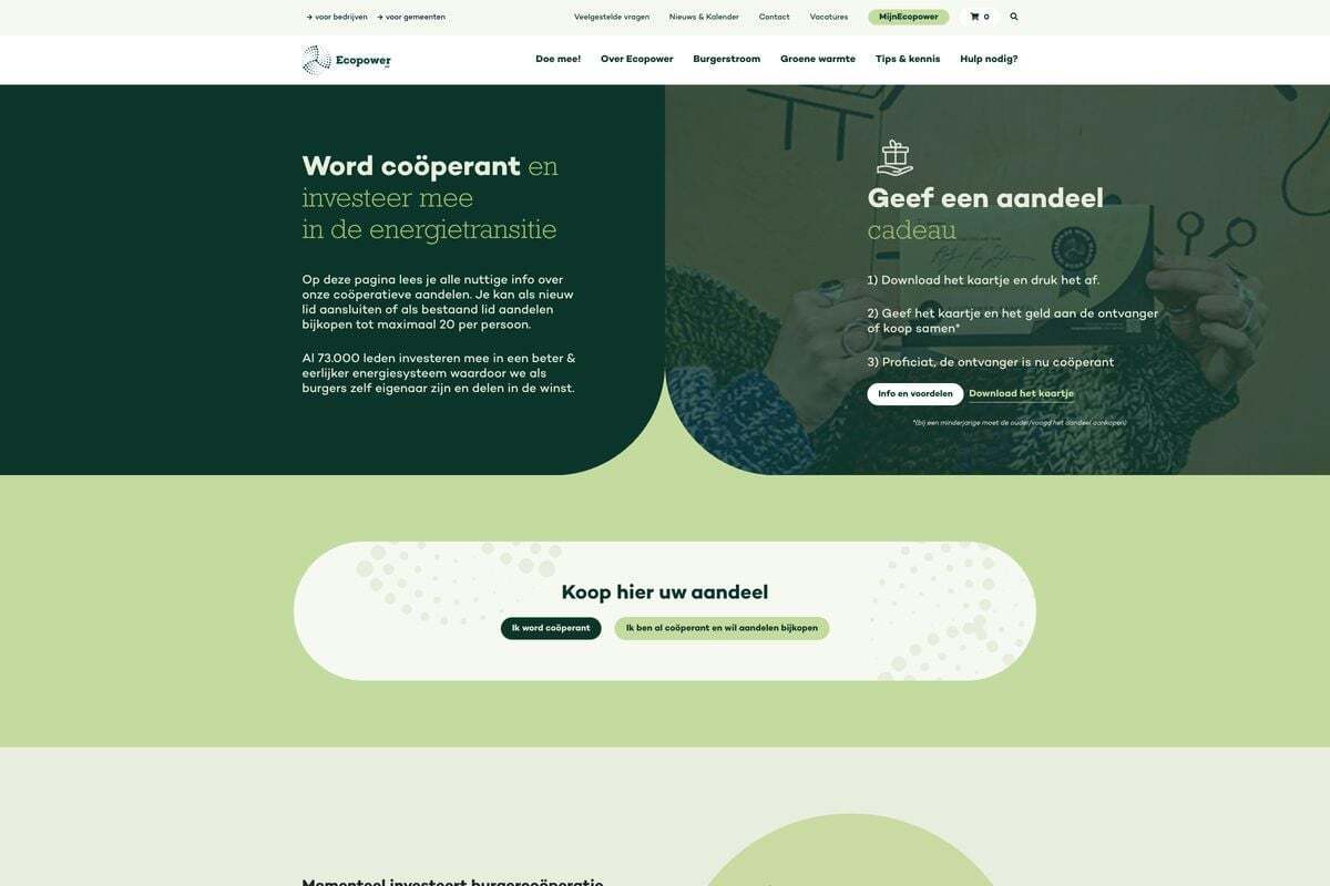 Ecopower page ’Become a cooperative member’ with information about shares and the share gift