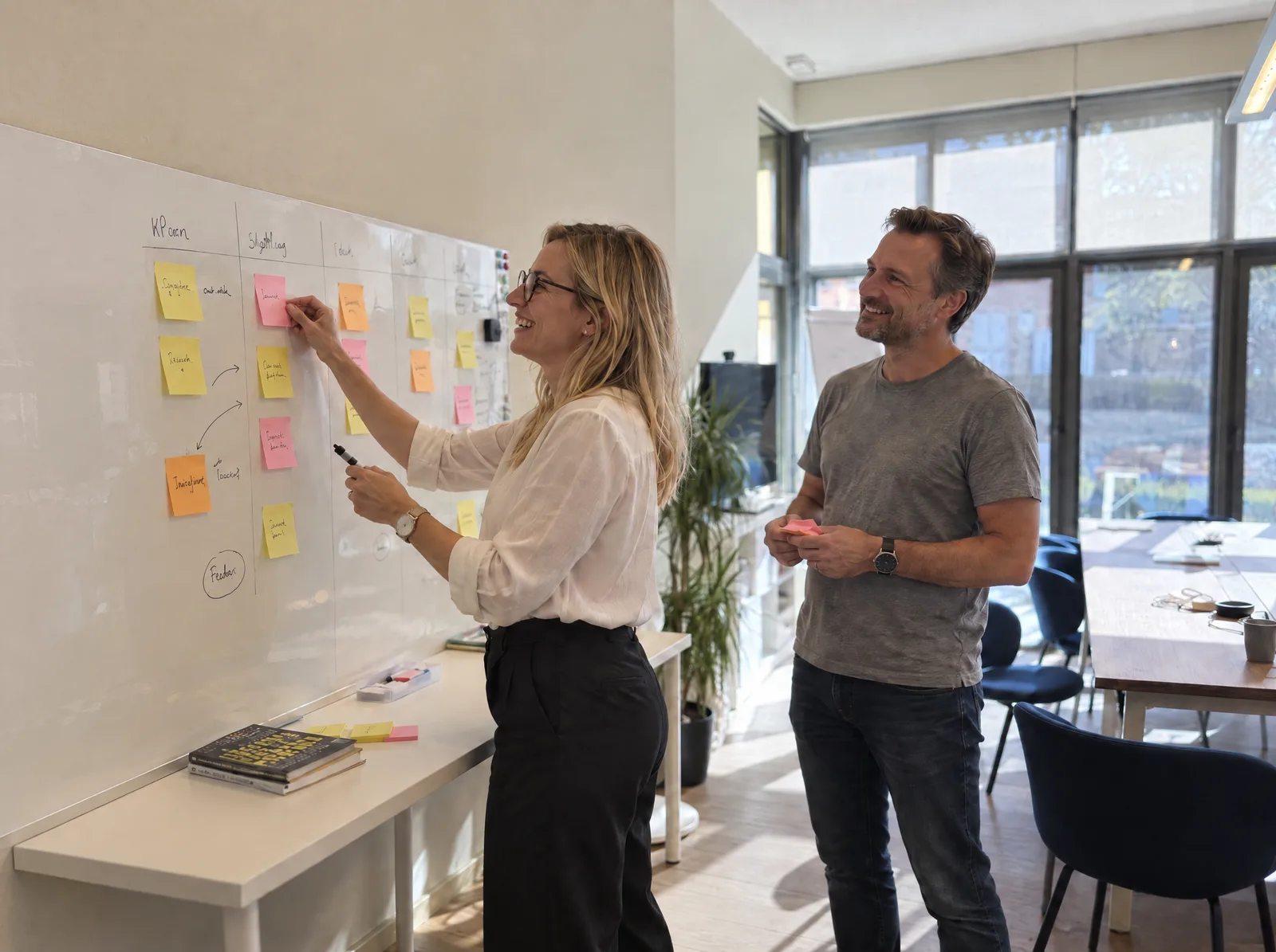 Workshop aan het whiteboard met post-its